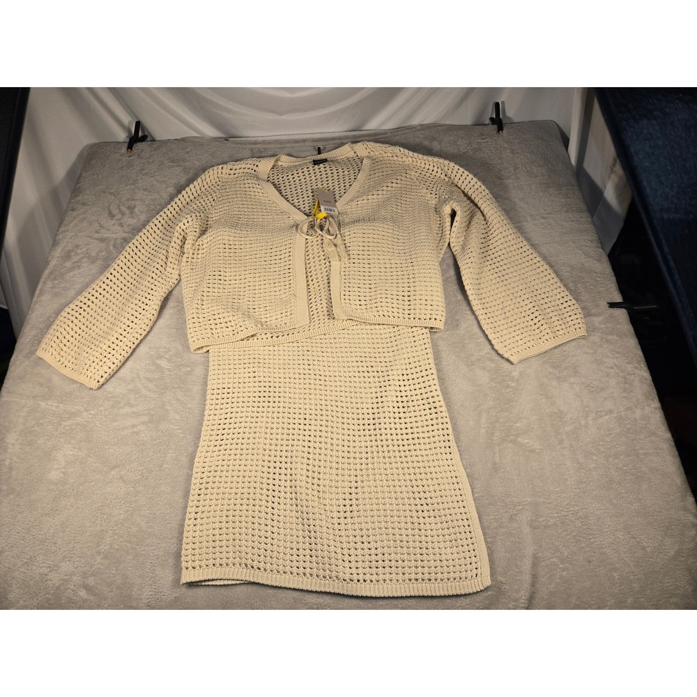 Esmara Cream Crochet Knit 2 Piece Set Tie Front Cardigan XL & Mini Skirt M NEW